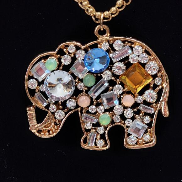 Crystal Embellished Elephant Gold Tone Double Chain 15" Drop Pendant Necklace - Picture 6 of 16